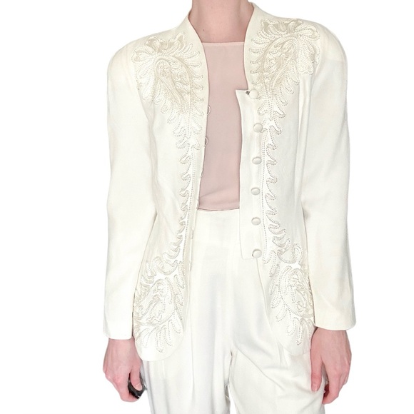 Vintage Marie St. Claire Embroidered Ivory White Cream Suit Jacket Blazer Button - Picture 2 of 7
